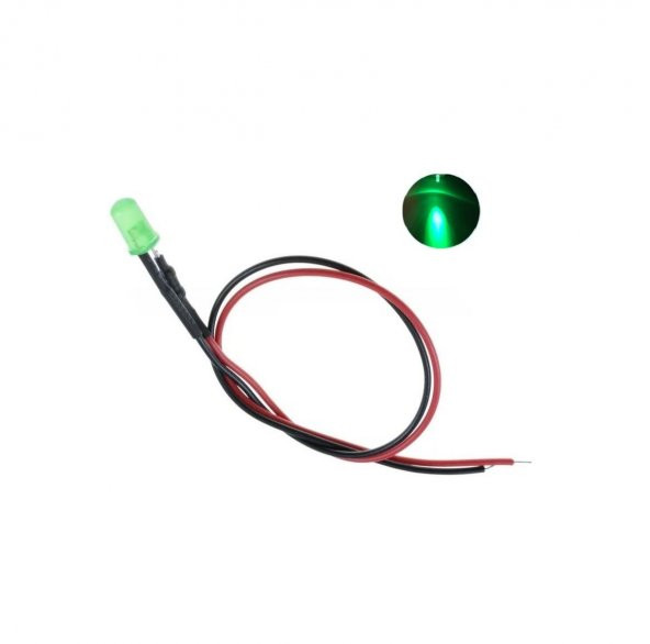12V LED Kablolu 5 Adet 5mm Yeşil  Difused - 20 Cm ürün görseli 1