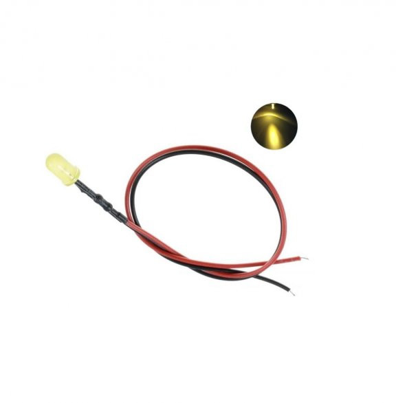 12V LED Kablolu 5 Adet 5mm Sarı  Difused - 20 Cm ürün görseli 1