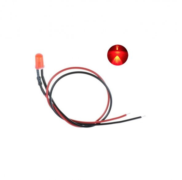 12V LED Kablolu 5 Adet 5mm Kırmızı  Difused - 20 Cm ürün görseli 1
