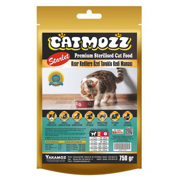 CatMozz Starlet Sterilised Tavuklu Seçiçi Kedilere Özel Kısır Yetişkin Kedi Maması 750 Gr Kilitli Paket ürün görseli 1