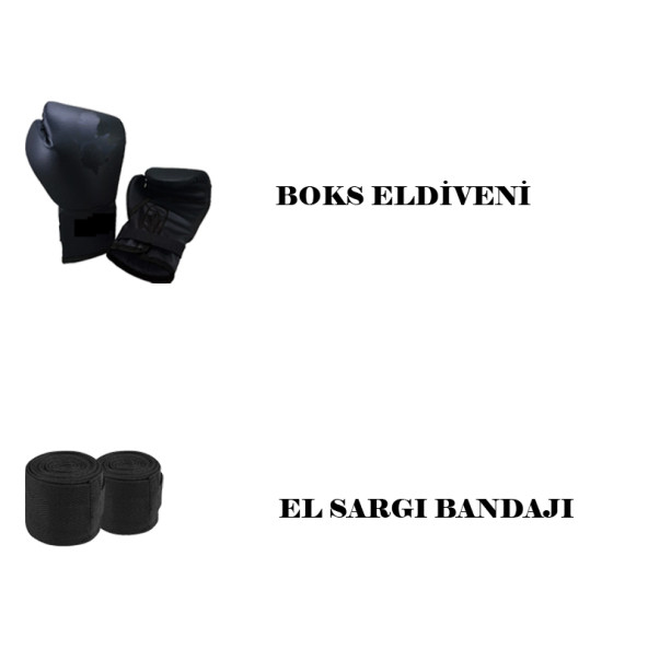 Desfabe Boxing Star 70x25 Cm Zincirli Boks Kum Torbası Siyah+El Sargı Bandajı+Boks Eldiveni - Resim 2