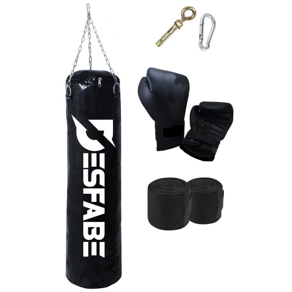 Desfabe Boxing Star 70x25 Cm Zincirli Boks Kum Torbası Siyah +Askı Aparatı+Boks Eldiveni+El Sargı Bandajı ürün görseli 1