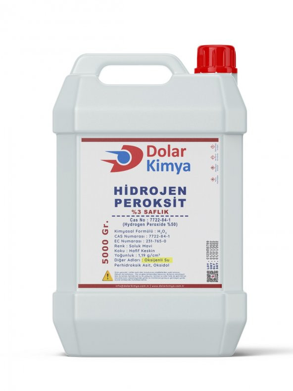 Dolar Kimya Oksijenli Su - 3 Saflık - 5 Kg (Hidrojen Peroksit %3,Plastik Şişe) ürün görseli 1