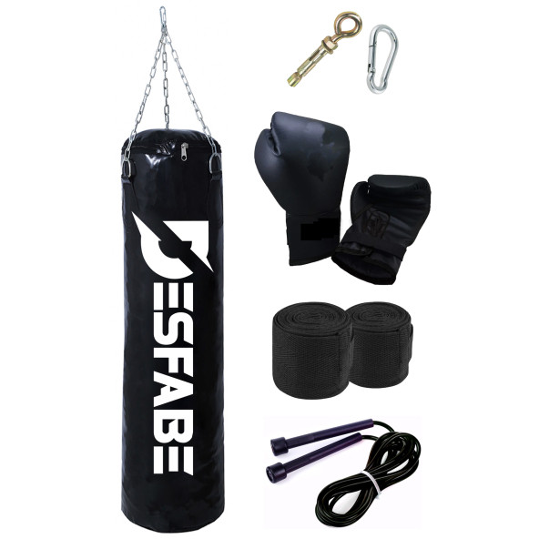 Desfabe Boxing Star 70x25 Cm Zincirli Boks Kum Torbası Siyah+Askı Aparatı+Boks Eldiveni+El Bandajı+Atlama İpi ürün görseli 1