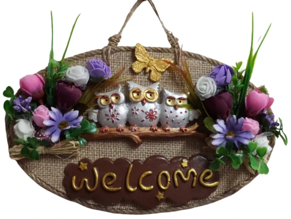Baykuş Ailesi Welcome Yazılı Kapı Süsü ürün görseli 1