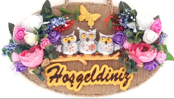 Baykuş Ailesi Hoşgeldiniz Yazılı Çiçekli El Yapımı Kapı Süsü ürün görseli 1