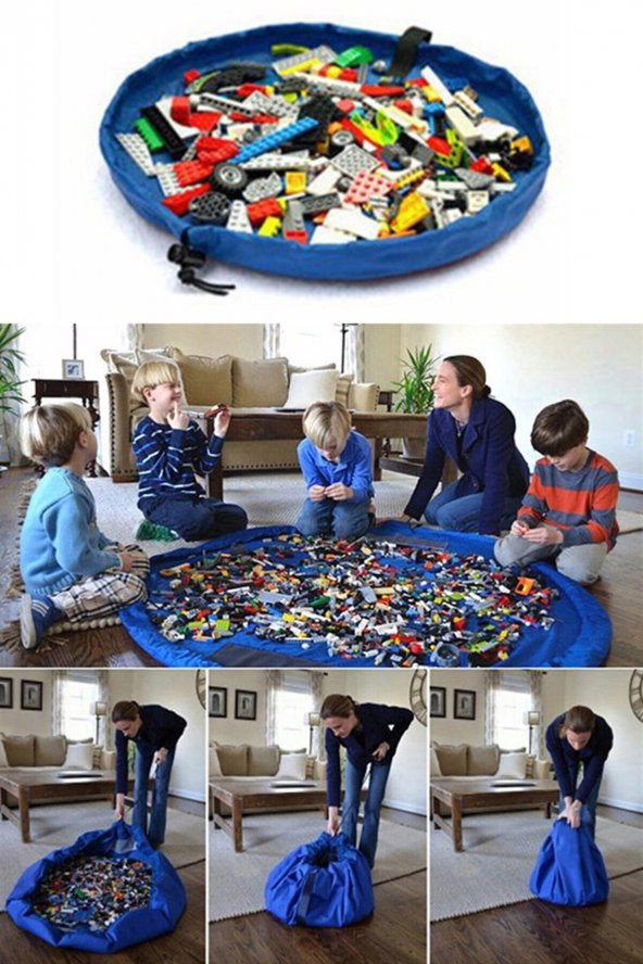 Çocuk Oyuncak Hurcu Mavi Çanta Oyun Halısı Lego Puzzle ve Yapboz Eğitici Oyuncaklar Sepeti ürün görseli 1