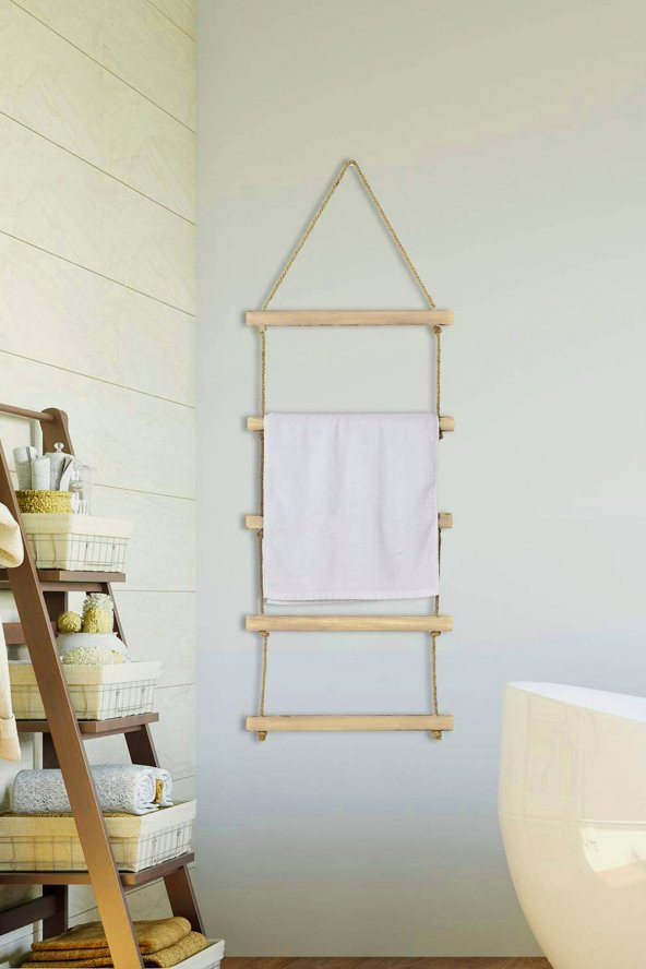 Towel Jüt Merdiven 5 Katlı Ahşap Banyo Mutfak Havlu Askısı Dekoratif Halat Havluluk ürün görseli 1