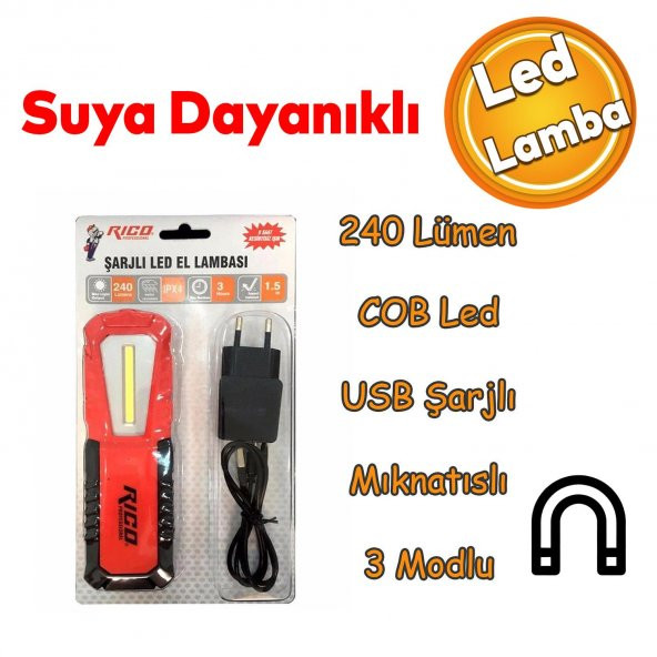 Rico RC0037 Ledli El Feneri Lambası 3 Modlu 240 Lümen Şarjlı Mıknatıslı Oto Tamir Spor Kamp IPx4 Fener ürün görseli 1