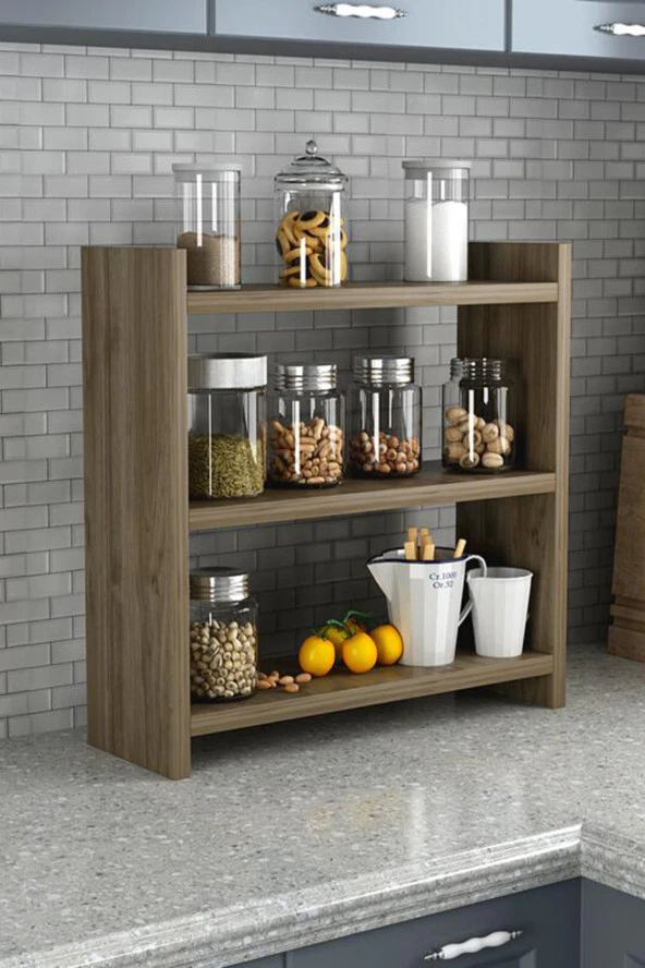 ÜNÜVAR KONSEPT Gardenya Home Ceviz Renk 3 Katlı Modern Ahşap Mdf Tezgah Üstü Mutfak Baharatlık Rafı ürün görseli 1
