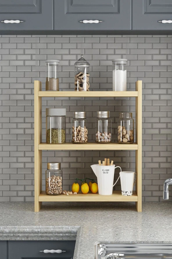 ÜNÜVAR KONSEPT Gardenya Home Else Meşe Renk 3 Katlı Modern Ahşap Mdf Tezgah Üstü Mutfak Baharatlık Rafı ürün görseli 1