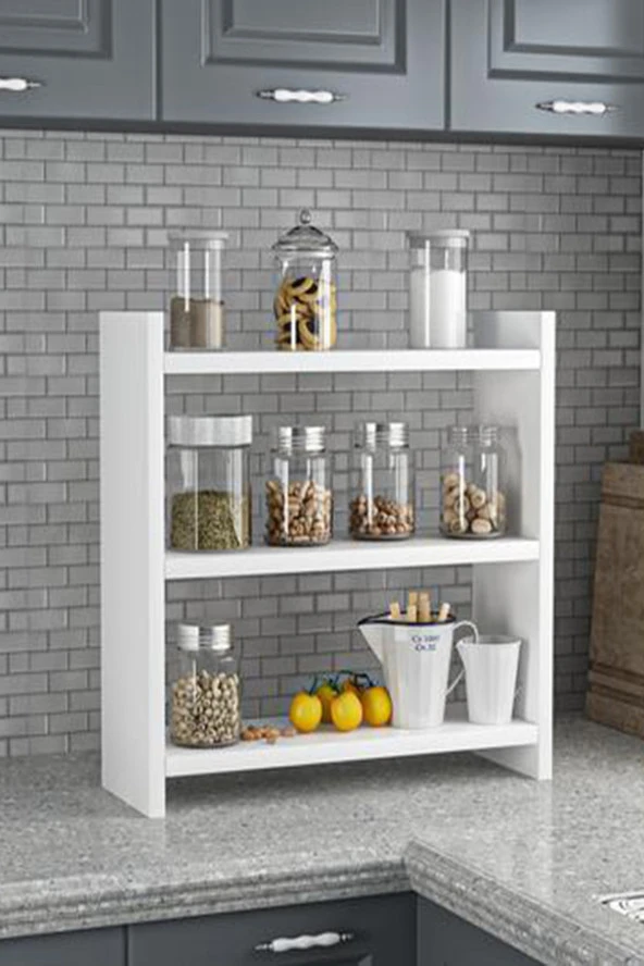 ÜNÜVAR KONSEPT Home Beyaz Renk 3 Katlı Modern Ahşap Mdf Tezgah Üstü Mutfak Baharatlık Rafı ürün görseli 1