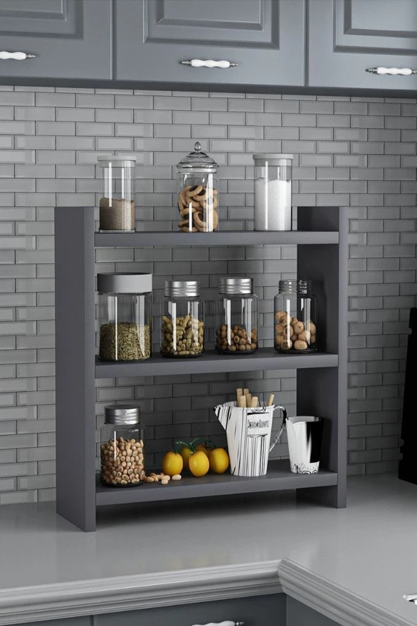 ÜNÜVAR KONSEPT Home Antrasit Renk 3 Katlı Modern Ahşap Mdf Tezgah Üstü Mutfak Baharatlık Rafı ürün görseli 1