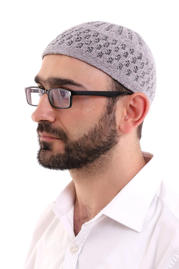 Kışlık Kadife Takke Hasır Desenli - Gri ürün görseli 1