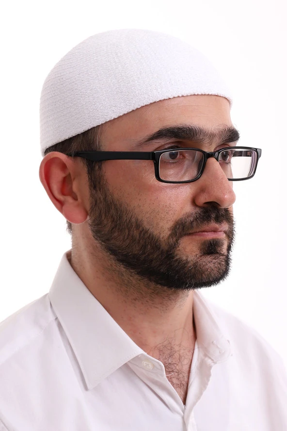 Kışlık Kadife Takke Düz Desen - Beyaz ürün görseli 1