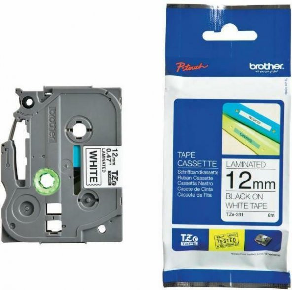 BROTHER TZe-231 12mm Beyaz üzerine Siyah Laminasyonlu Etiket ürün görseli 1