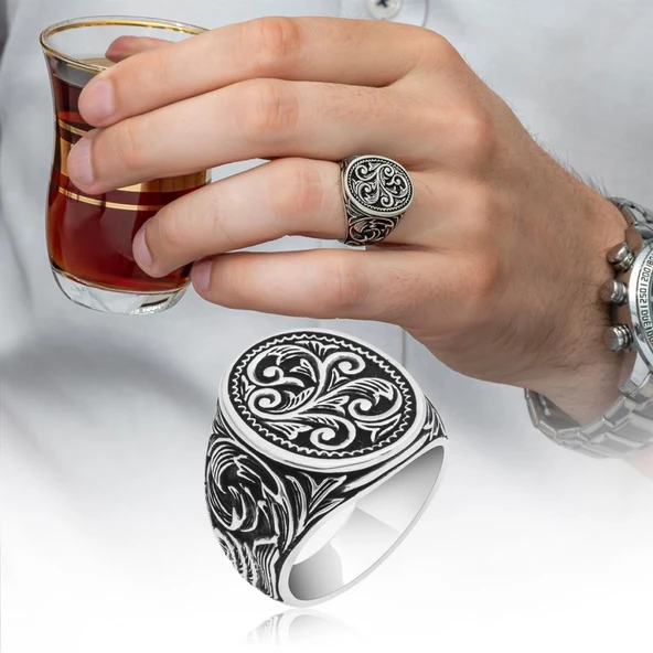Oyma Desenli Oval Taşsız 925 Gümüş Erkek Yüzük ürün görseli 1