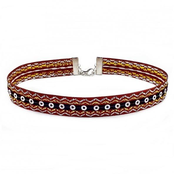 Sarı-Beyaz Simli Kahverengi Kadın Choker Tasma Kolye ürün görseli 1
