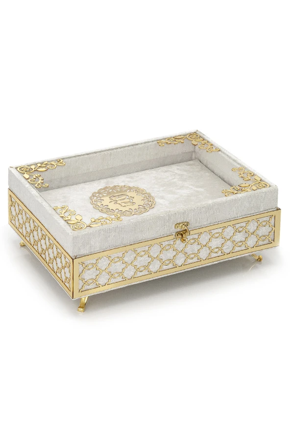 Şeffaf Pleksili Kadife Kaplı Sandıklı Çeyizlik Kuranı Kerim Seti -  Krem ürün görseli 1