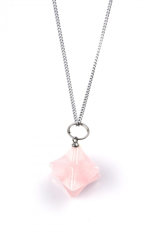 Pembe Kuvars Doğal Taş Merkaba Kolye ürün görseli 1