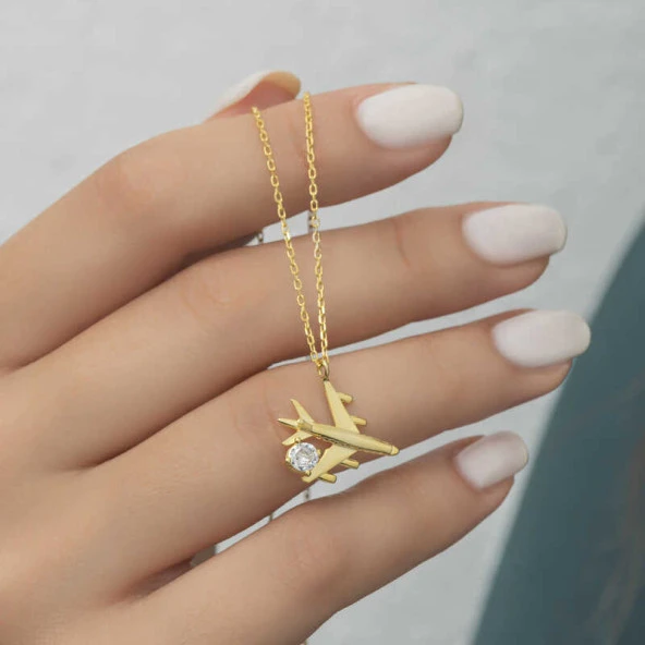 Gümüş Gold Tek Taşlı Uçak Kadın Kolye ürün görseli 1