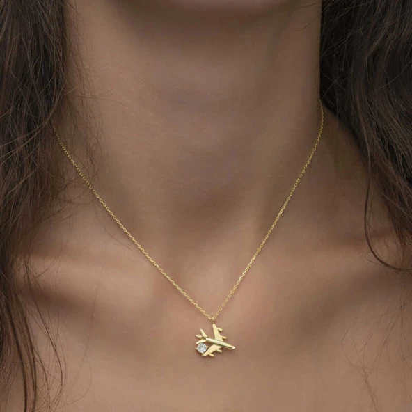 Gümüş Gold Tek Taşlı Uçak Kadın Kolye - Resim 2