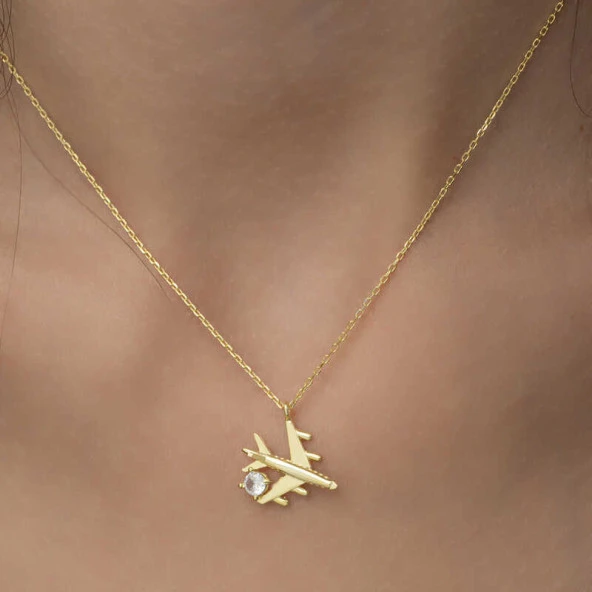 Gümüş Gold Tek Taşlı Uçak Kadın Kolye - Resim 4
