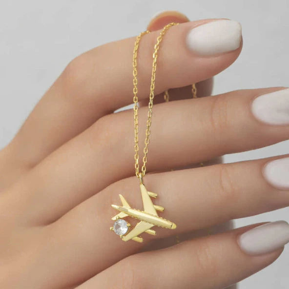Gümüş Gold Tek Taşlı Uçak Kadın Kolye - Resim 9