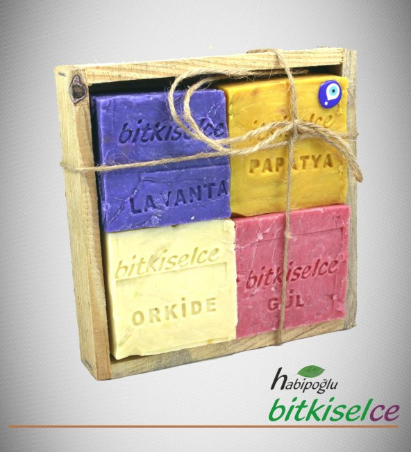 Bitkiselce ÇİÇEK SERİSİ BİTKİSEL SABUN (Lavanta-Gül-Orkide-Papatya) Hediye edilebilir ahşap kutulu ürün görseli 1