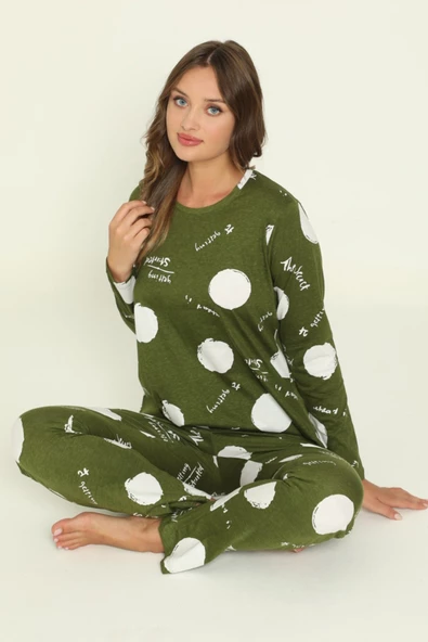 Kadın Haki Yeşil Renk  Kalın Kışlık Kumaş  Uzun Kol Blackmore B417 Pijama Takımı ürün görseli 1