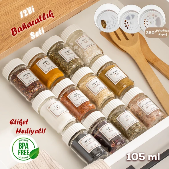 Porsima 1078 Etiketli Döner Kapaklı 12'li Cam Baharatlık - Düzenleyici Organizer - Beyaz ürün görseli 1