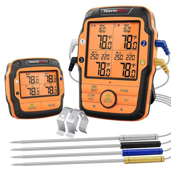 ThermoPro TP27C Alarmlı, Işıklı, Kablosuz 150m Menzilli ve 4 Problu Profesyonel Frın Termometresi ürün görseli 1