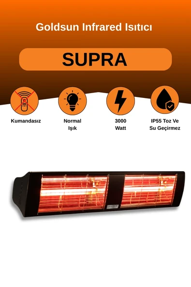 Goldsun Supra 3000 Watt GSS30 Kumandasız Suya Dayanıklı Elektrikli İnfrared Isıtıcı-Siyah ürün görseli 1