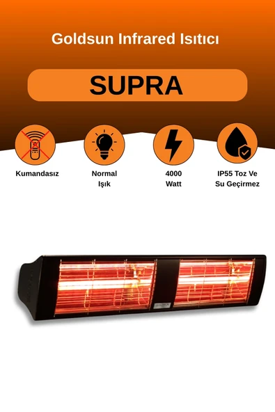 Goldsun Supra 4000 Watt GSS40 Kumandasız Suya Dayanıklı Elektrikli İnfrared Isıtıcı-Siyah ürün görseli 1