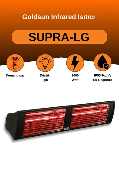 Goldsun Supra 3000 Watt GSS30LG Düşük Işıklı Kumandasız Suya Dayanıklı Elektrikli İnfrared Isıtıcı-Siyah ürün görseli 1