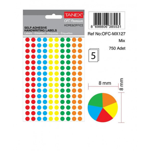 Tanex Mıx Color Ofis İşaretleme Nokta Etiketi 8mm 5-Renk (750 nokta Etiket) ürün görseli 1