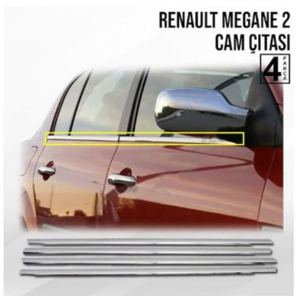Renault Megane 2 Sedan 2004-2010 Krom Cam Çıtası 4 Kapı 4 Parça Paslanmaz Çelik ürün görseli 1