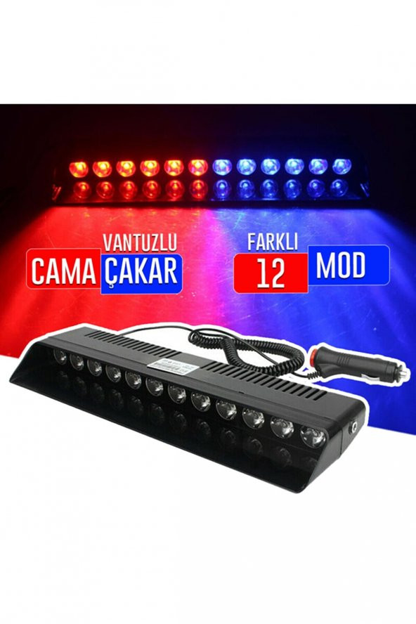 S12 Cam İçi Vantuzlu Polis Çakar 12 Ledli Kırmızı Mavi Çakmaklık Girişli ürün görseli 1
