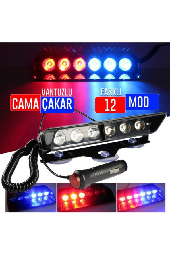 S6 Cam İçi Vantuzlu Polis Çakar 6 Ledli Kırmızı Mavi 12 Mod Çakmaklık Girişli ürün görseli 1