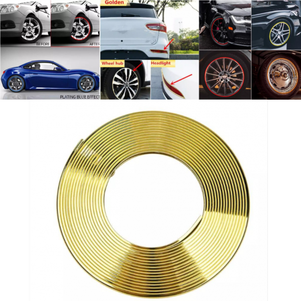 Araç Araba Oto Jant Fitili Metal Görünümlü Lastik Jant Trim Bandı Jant Şeriti 8 Metre Gold ürün görseli 1