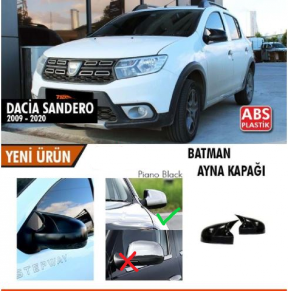 Dacia Sandero 2009-2020 Batman Yarasa Ayna Kapağı Piano Black ABS Plastik ürün görseli 1