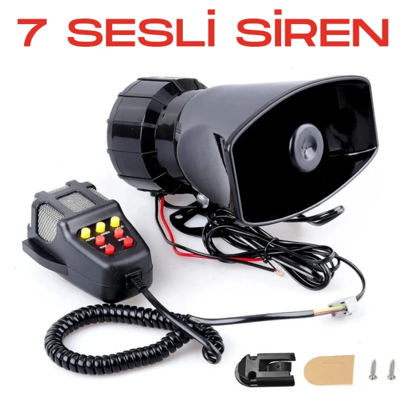 Her Araca Uyumlu 7 Sesli Güçlü Siren Korna Mikrofonlu Megafonlu 12V Polis Sireni 100W ürün görseli 1