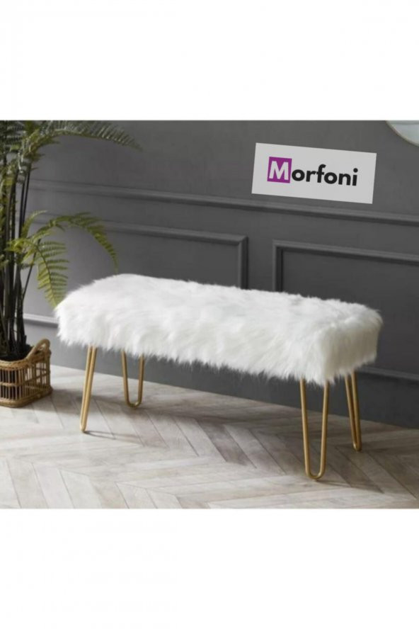 ÜNÜVAR KONSEPT Morfoni Puf & Benç 33 Cm-GOLD Metal Ayak Dökülmez Peluş BEYAZ ürün görseli 1