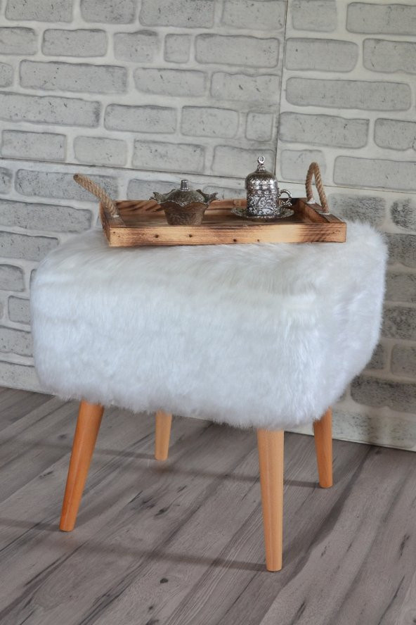 ÜNÜVAR KONSEPT Sanal Mobilya Puf & Benç 45*45-Ahşap Ayak Dökülmez Peluş Beyaz ürün görseli 1
