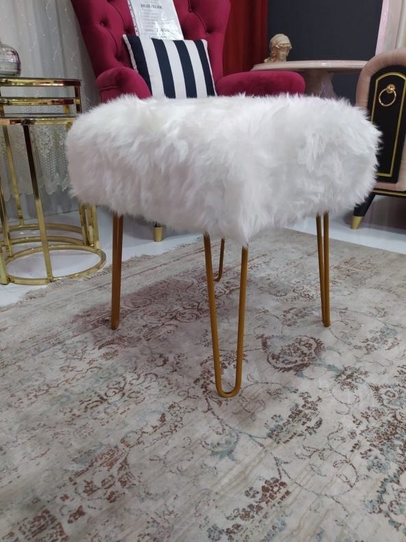 ÜNÜVAR KONSEPT Puf & Benç 45*45-Gold Ayak Dökülmez Peluş Beyaz K1 ürün görseli 1