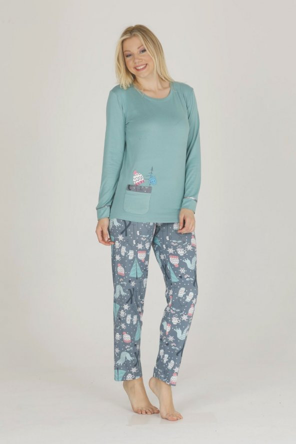 Yeşil Renk Kış Desenli Kış Desenli Teknur 53076 Kadın Termal Pijama Takımı ürün görseli 1