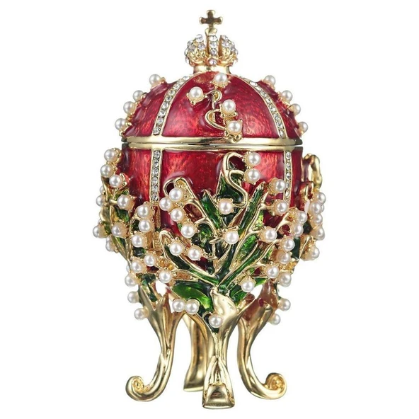 Faberge Yumurta Swarovski Taşlı Lüks Mücevher Kutusu Kırmızı 8 cm ürün görseli 1