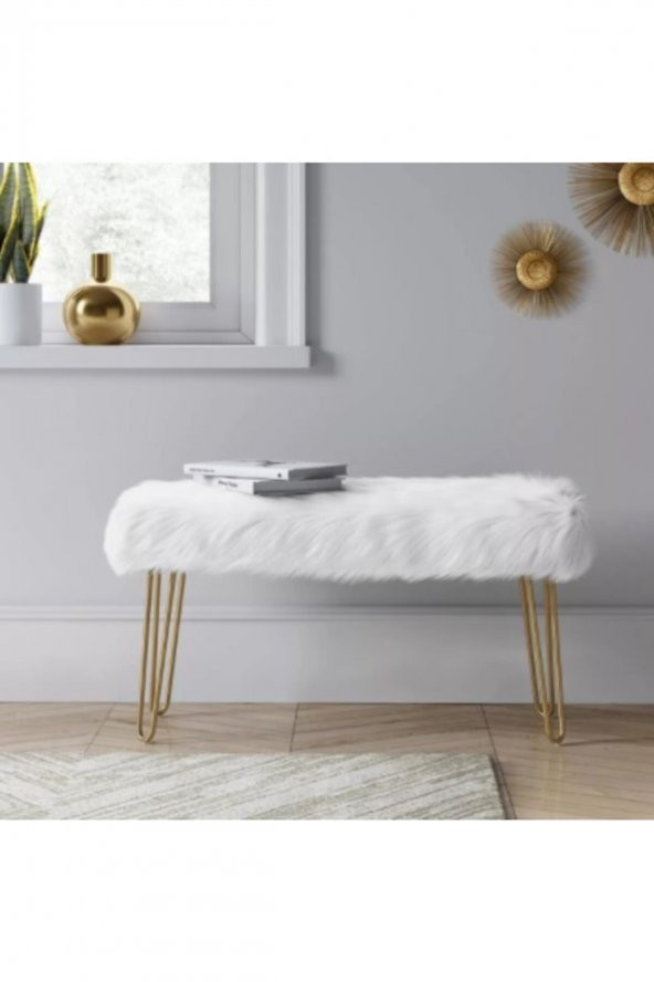 ÜNÜVAR KONSEPT Puf & Benç 45*100-Ahşap Ayak Dökülmez Peluş Beyaz K1 ürün görseli 1