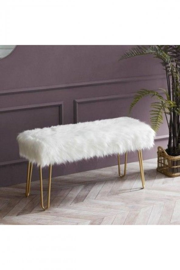 ÜNÜVAR KONSEPT Puf & Benç 45*100-Gold Ayak Dökülmez Peluş Beyaz K1 ürün görseli 1