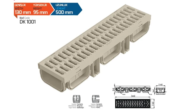 130x95x500mm Drenaj Kanalı / Plastik Izgara + Oluk + Tapa ürün görseli 1